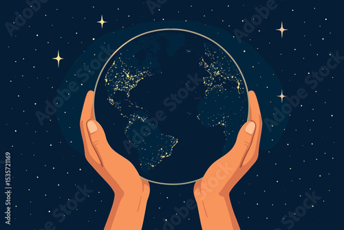 Hands holding planet Earth at night with city lights against a starry sky. Concept of global responsibility, environmental protection, conservation, Earth Day, and ecology.