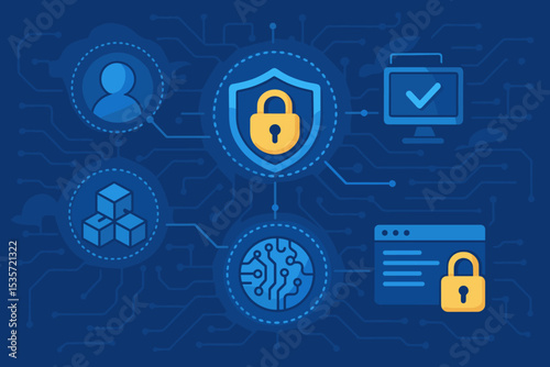 Cybersecurity technology concept. Digital data protection, internet privacy, and network security. Secure system with shield, lock, user profile, and blockchain technology icons.