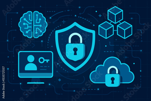 Digital security technology background. Cybersecurity concept with icons for data protection, AI, blockchain, cloud computing, and user authentication. Network privacy vector.