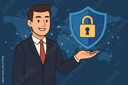 Businessman holding a security shield with a padlock. Concept of cybersecurity, data protection, and global network safety. Internet privacy and information technology concept.