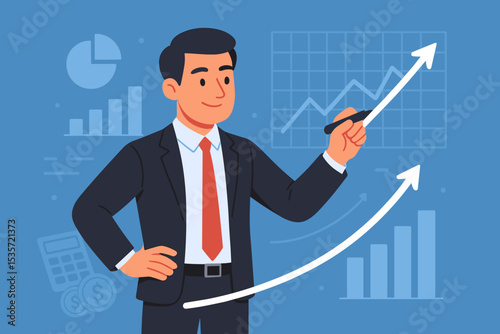 Businessman drawing growth arrow chart. Business strategy for success and profit. Financial analysis and data visualization concept. Investment and marketing for career development.