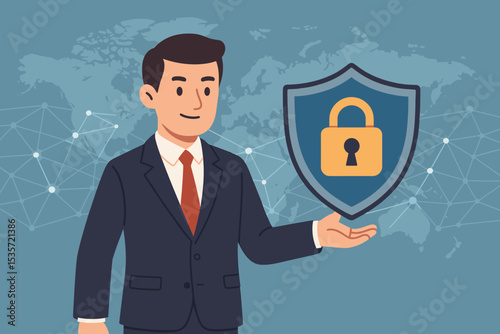 Cyber security concept. Businessman holding shield with padlock for data protection, internet privacy, network safety, firewall, antivirus. Global technology vector illustration.