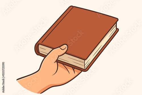 Hand holding a book vector icon. Concept of knowledge, education, reading, literature, and learning. Person giving, sharing, or receiving a textbook, diary, or novel. Library symbol.