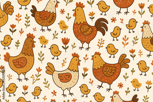 Cute Scandi chicken seamless pattern. Hand drawn farm animal background with hen, rooster, chicks and flowers. Folk art poultry vector illustration for kids textile or wallpaper.