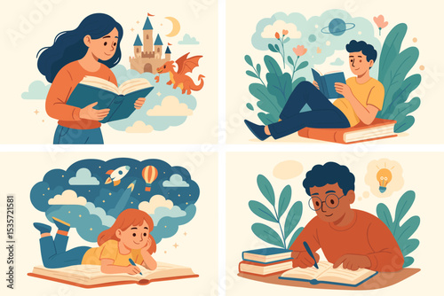 Reading and learning illustration set. Diverse children and young people with books. Imagination, fantasy, space adventure, creative idea. Education, literature, knowledge concept.