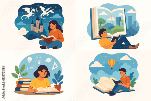 Collection of reading concepts. People with open books entering worlds of imagination. Fantasy with dragons, science study, urban adventure, and travel dreams. Vector illustration set.