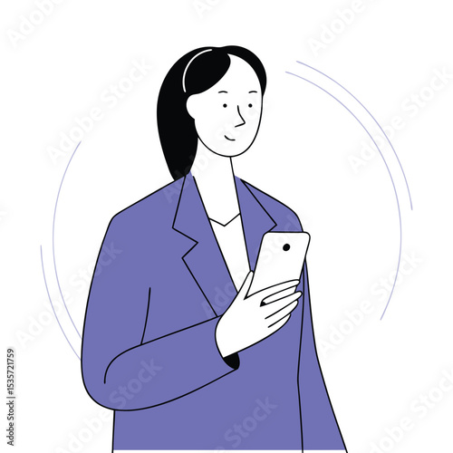 Smiling asian woman in blue blazer is using smartphone and socializing online
