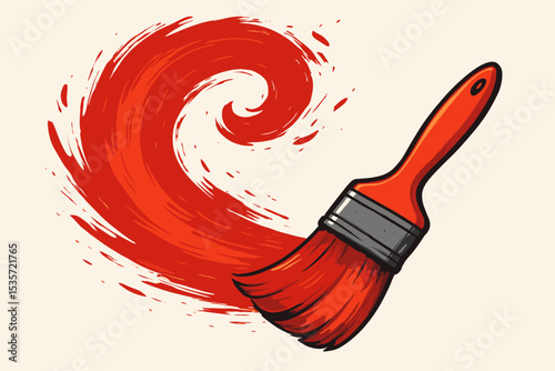 Paintbrush drawing a dynamic red swirl. Abstract artistic brushstroke concept for creativity, art, and design. Vector illustration of a paint splash for decoration or renovation.
