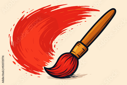 Paintbrush leaving a wide red brush stroke. Creative concept of art, drawing and painting. Artist tool making an abstract smear or paint splash. Vector illustration background element.