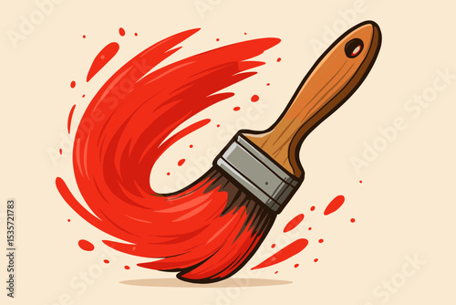 Paintbrush creating a vibrant red paint stroke. Artistic concept of creativity, painting, hobby, and design. Vector illustration of a tool drawing a swirl with splashes and drops.