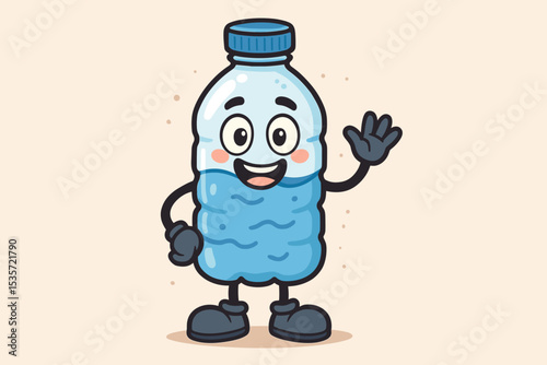 Cute water bottle cartoon character mascot waving hello. Friendly plastic bottle illustration for hydration and health concepts. Happy drink character for kids. Vintage retro style.