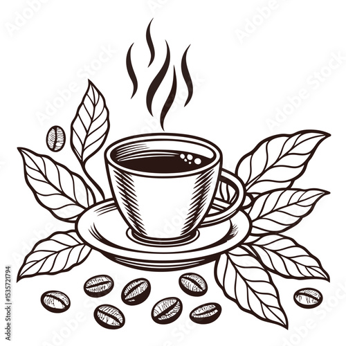 A sketch of a steaming coffee cup sits with leaves and beans around it
