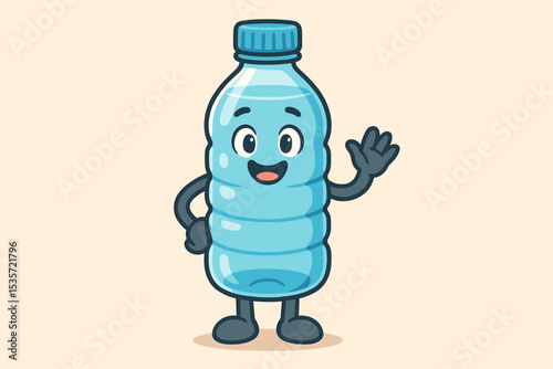 Cute water bottle cartoon character mascot waving. Happy smiling plastic bottle with fresh pure water. Concept of hydration, healthy lifestyle, and drinking water. Vector illustration.