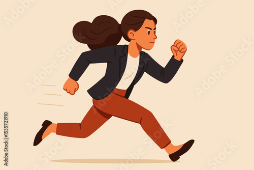 Ambitious businesswoman running fast, concept for career competition and success. Determined female professional rushing forward. Motivation, challenge, progress, and speed vector.