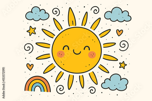 Cute smiling sun doodle. Happy summer weather cartoon for kids. Hand drawn vector illustration with rainbow, clouds, and stars. Cheerful character for nursery or children's design.
