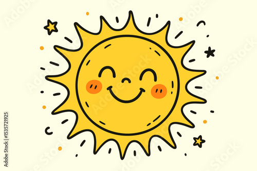 Cute happy sun doodle cartoon character with smiling face. Kawaii sunny illustration with stars for kids. Summer sunshine concept. Positive emotion and good weather graphic element.