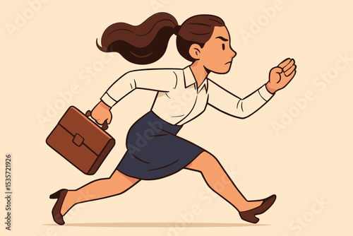 Determined businesswoman running with briefcase. Ambitious career woman rushing to work. Concept of deadline, competition, and success. Strong professional moving forward. Cartoon vector.