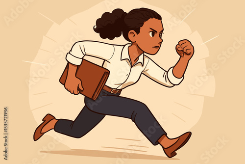 Ambitious black businesswoman running with determination. Professional woman rushing to meet a deadline. Concept for career success, empowerment, motivation, and corporate hustle.