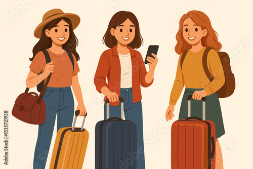 Happy women friends traveling together. Group of young female tourists with luggage and suitcases at airport. Vector illustration of people on vacation, journey and adventure.