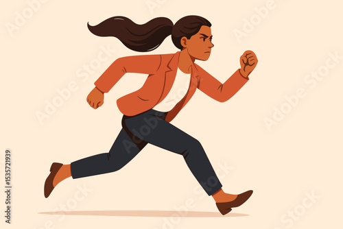Determined businesswoman running, chasing success. Ambitious career woman in a hurry. Concept of motivation, competition, leadership, deadline and professional ambition. Flat vector.
