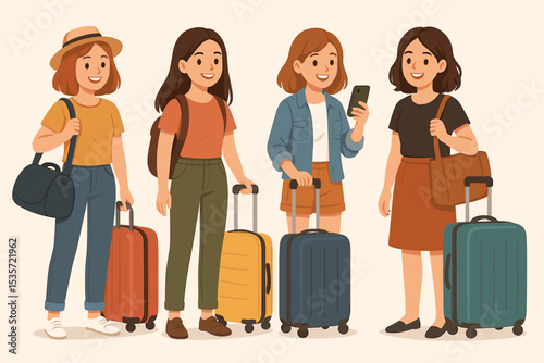 Happy young women tourists traveling together. Group of female friends with luggage, suitcases, and backpacks ready for vacation or trip. Adventure and journey concept vector.