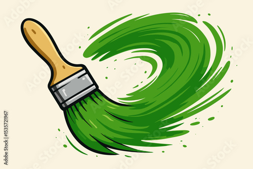 Paintbrush with a green paint stroke. Creative concept of painting, drawing, and decorating. Dynamic abstract swirl and splash of color. Artist tool for renovation and DIY.