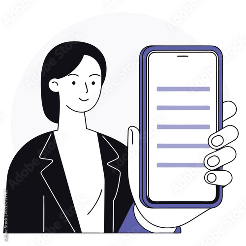 Smiling woman in black blazer holds mobile phone with horizontal text on display