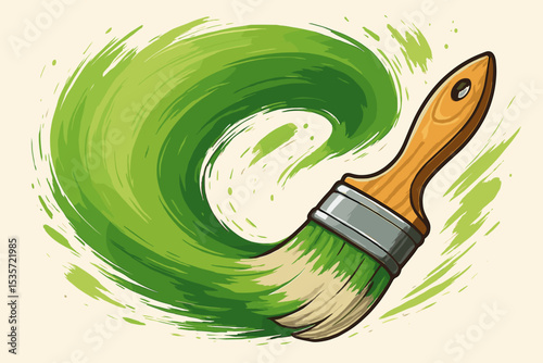 Paintbrush drawing a green swirl. Concept of ecology, nature, freshness, and renewal. Abstract paint stroke for art, renovation, DIY project. Creative splash. Vector illustration.