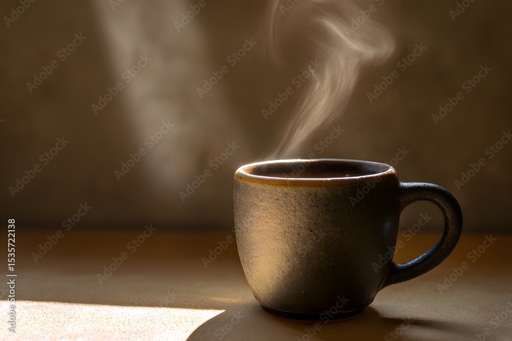Fototapeta premium Minimalist Ceramic Coffee Cup with Rising Steam in a Warm, Inviting Setting 