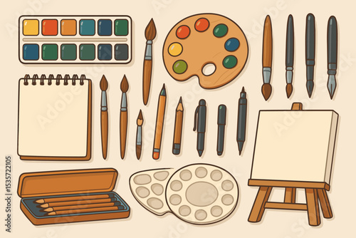 Vintage art supplies collection for creative hobbies. Artist tools set with watercolor paint, wooden palette, brushes, blank canvas on easel, sketchbook and pencils. Vector illustration.