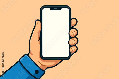 Cartoon hand holding modern smartphone with blank white screen for mockup. Man holding mobile phone. Vector illustration for app design, website presentation or social media.