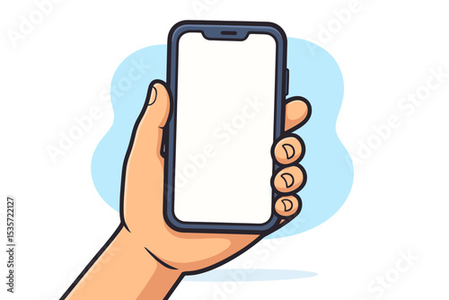Hand holding smartphone with blank white screen. Cartoon vector illustration. Mobile phone mockup template for app interface or web design. Technology and communication concept.
