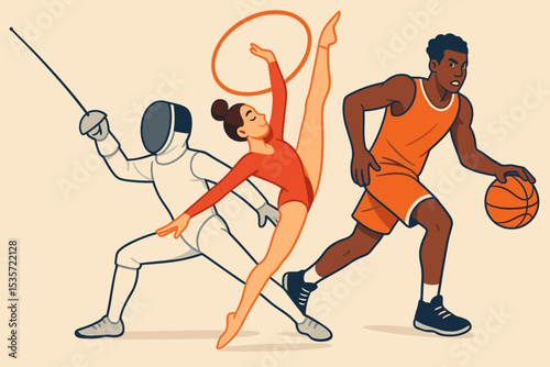 Sports collage with diverse athletes. Vector illustration of fencer, rhythmic gymnast with hoop, and basketball player in action. Multisport competition or championship concept.