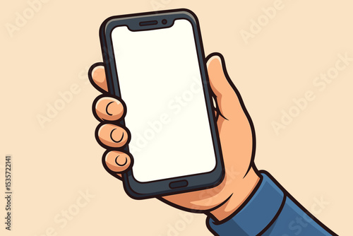 Cartoon hand holding a modern smartphone with a blank white screen. Vector illustration mockup for mobile app or website design. Man using cell phone technology concept.