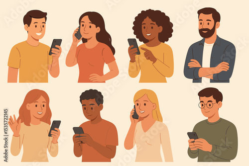 Collection of diverse people using smartphones. Young men and women talking, texting, scrolling. Communication, technology, social media concept. Flat vector character avatar set.