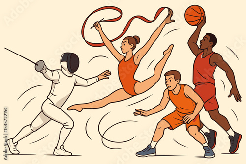 Dynamic sports collage with athletes in action. Vector illustration of fencing, rhythmic gymnastics, basketball. Concept of competition, athletic event, team sports, healthy lifestyle.