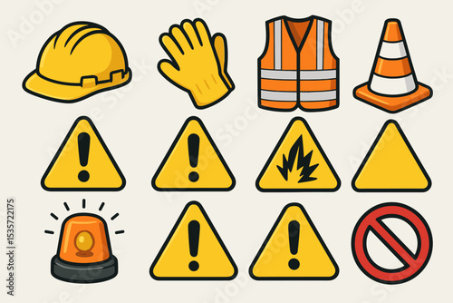 Construction safety icon collection. Personal protective equipment PPE, warning signs, and danger symbols. Vector set with hard hat, high-visibility vest, gloves, traffic cone.