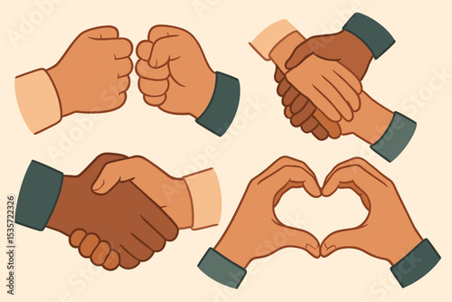 Hand gestures set. Multiracial hands showing unity, friendship and love. Fist bump, handshake and heart shape. Diversity, support and teamwork concept. Vector illustration.