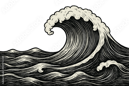 Monochrome ocean wave in Japanese woodcut engraving style. Ukiyo-e inspired art of a sea storm. Powerful surf and water splash vector illustration. Vintage hand drawn graphic.