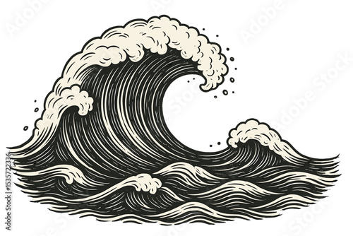 Big ocean wave in a traditional Japanese woodblock print style. Monochrome vector of a powerful sea storm. Hand drawn Ukiyo-e engraving drawing isolated on a white background.