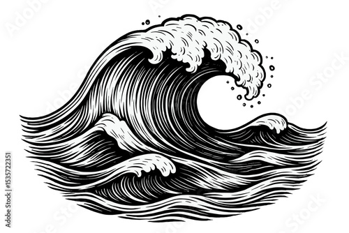Ocean wave vector illustration. Japanese style great wave in vintage monochrome woodcut. Hand drawn sea storm with surf and foam. Engraved sketch for tattoo, print or logo.