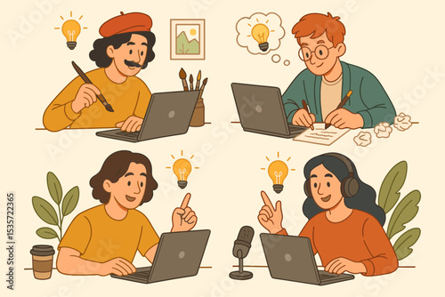 Creative freelancers at work vector set. Collection of character illustrations showing an artist, writer, and podcaster. Remote work, content creation, new ideas, and gig economy concept.