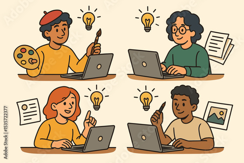 Vector illustration set of diverse creative freelancers at work. Team of artist, writer, and designer characters with laptops. Concept for creativity, idea, remote work.