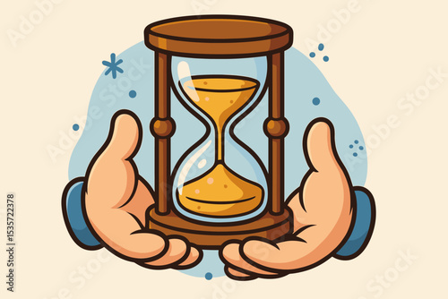 Hands holding hourglass cartoon vector illustration. Time management concept. Deadline, countdown, and urgency symbol. Retro sandglass with running sand. Business and life metaphor.