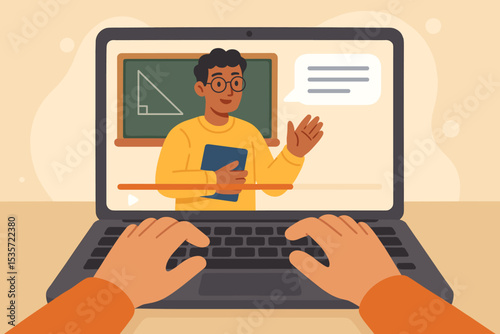 Online learning concept with a student watching a math lesson on a laptop. Male teacher giving a virtual lecture on geometry. E-learning, distance education, webinar, remote school.
