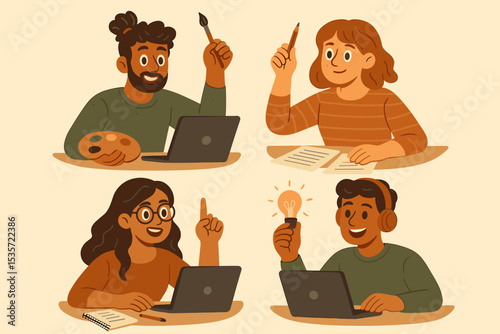 Set of diverse creative freelancers working remotely on laptops. Collection of characters brainstorming ideas. Artist, writer, designer at work. Concept of innovation and inspiration.