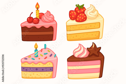 Delicious birthday cake slices collection. Set of four cartoon dessert pieces with lit candles, strawberry, and cherry toppings. Sweet pastry vector graphic for party celebration.