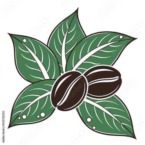 Two coffee beans are lying atop green leaves with white dots in transparent background