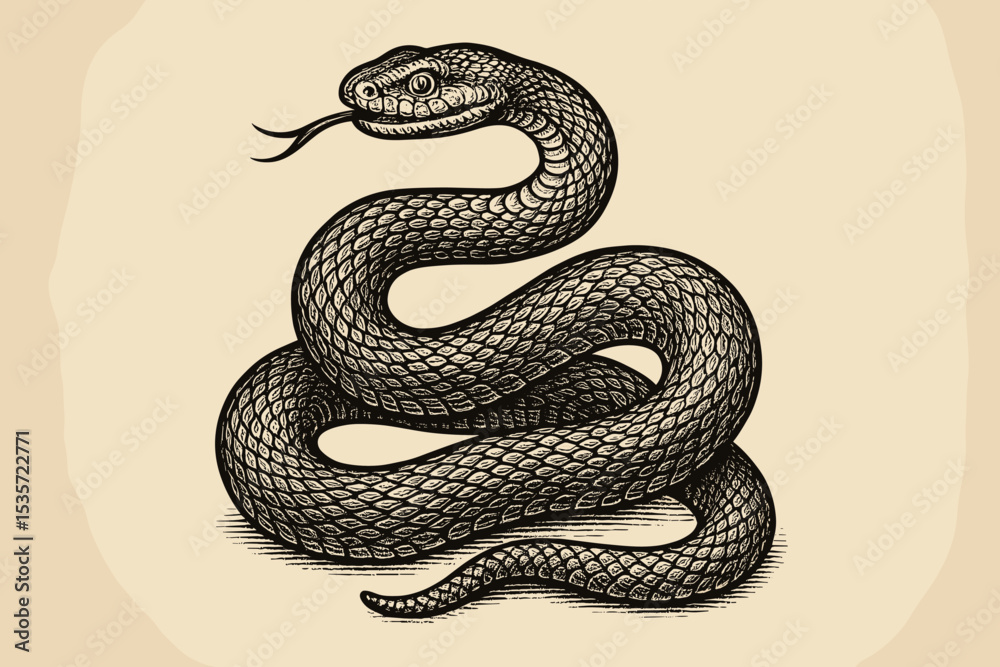 Obraz premium Vintage snake illustration in engraving style. Hand drawn serpent reptile coiled with forked tongue. Retro woodcut art print. Black and white animal wildlife sketch on old paper.