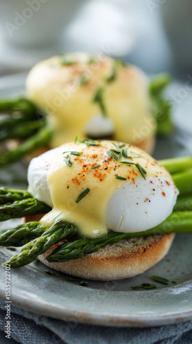 Delicious seasonal breakfast with poached eggs atop asparagus and toasted English muffins, drizzled with hollandaise sauce, garnished with herbs